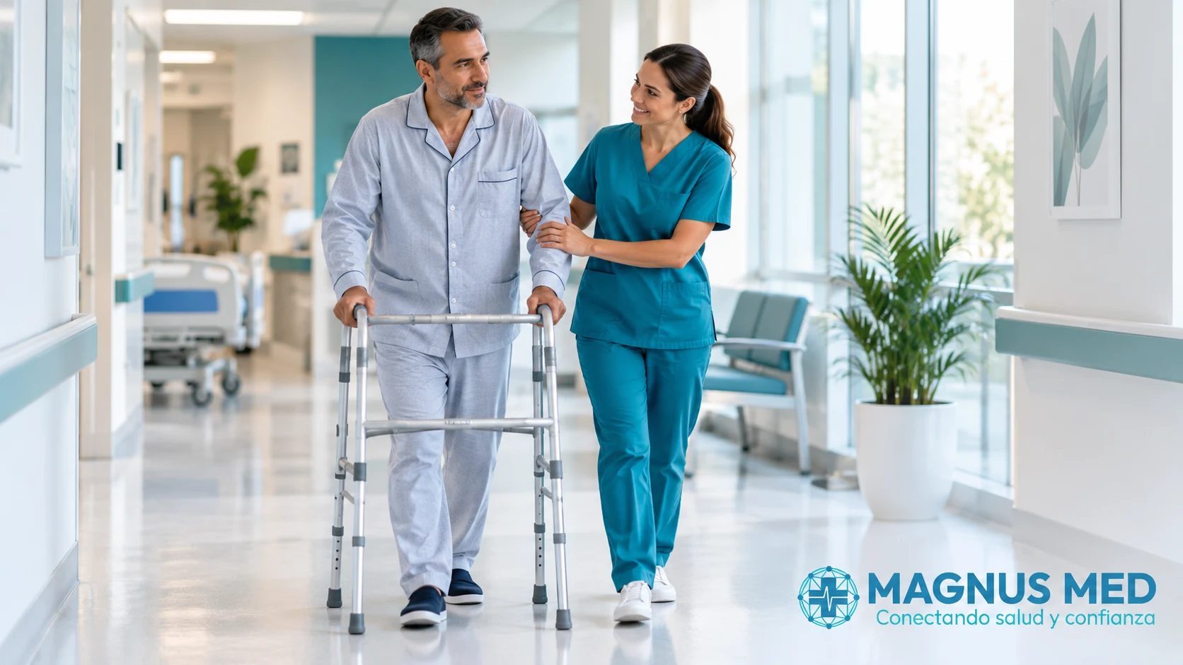Paciente camina con apoyo de un andador y una profesional durante su recuperación.