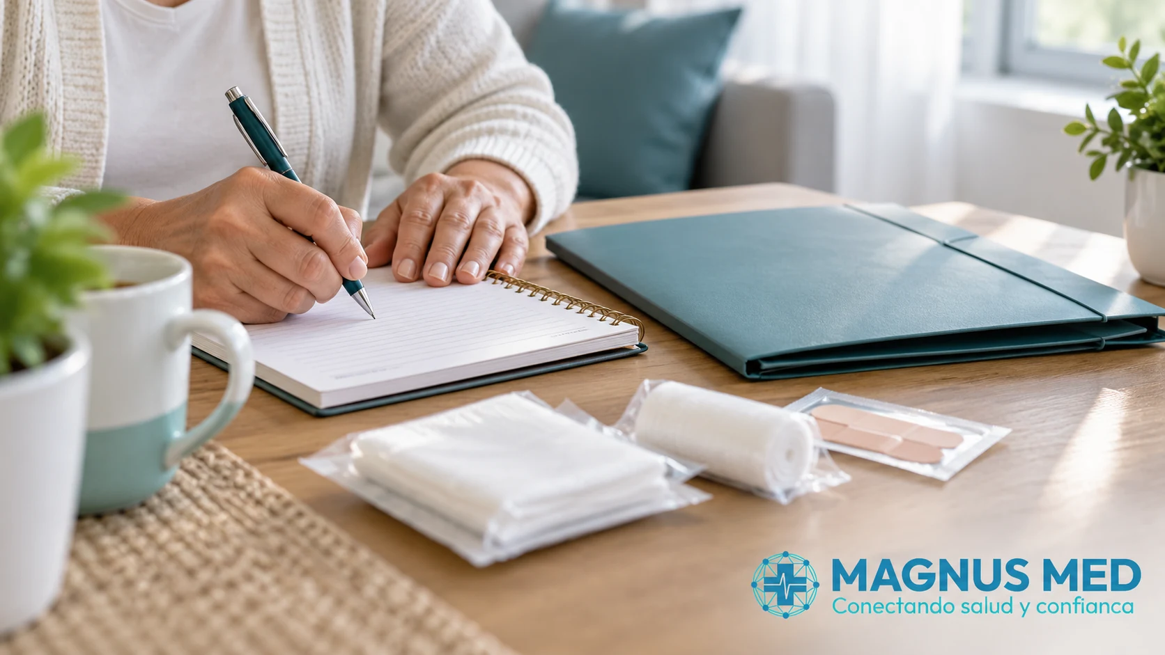 Persona prepara preguntas para su consulta y organiza material de cuidado.