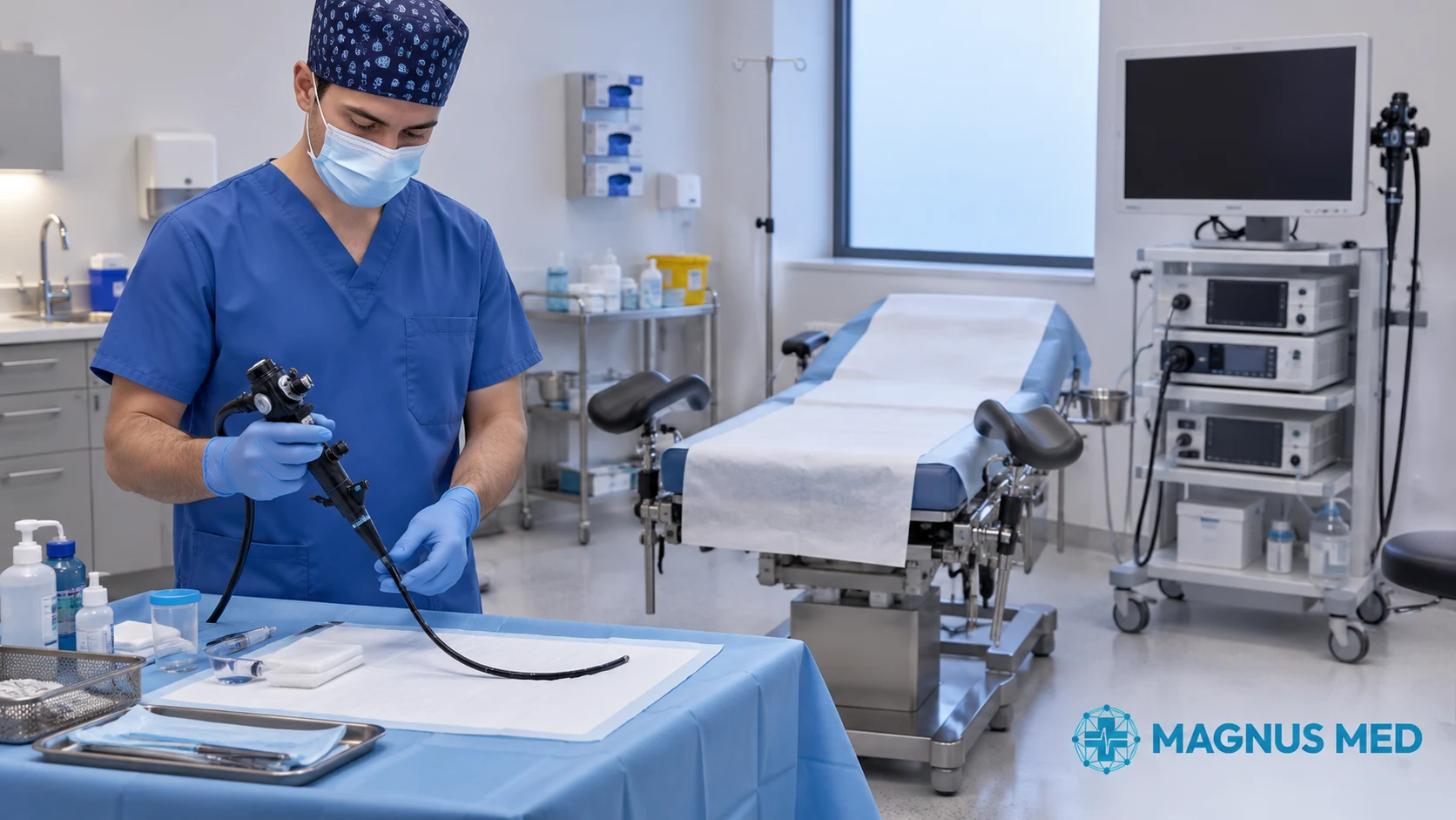 Sala de endoscopia preparada con equipo y profesional sanitario