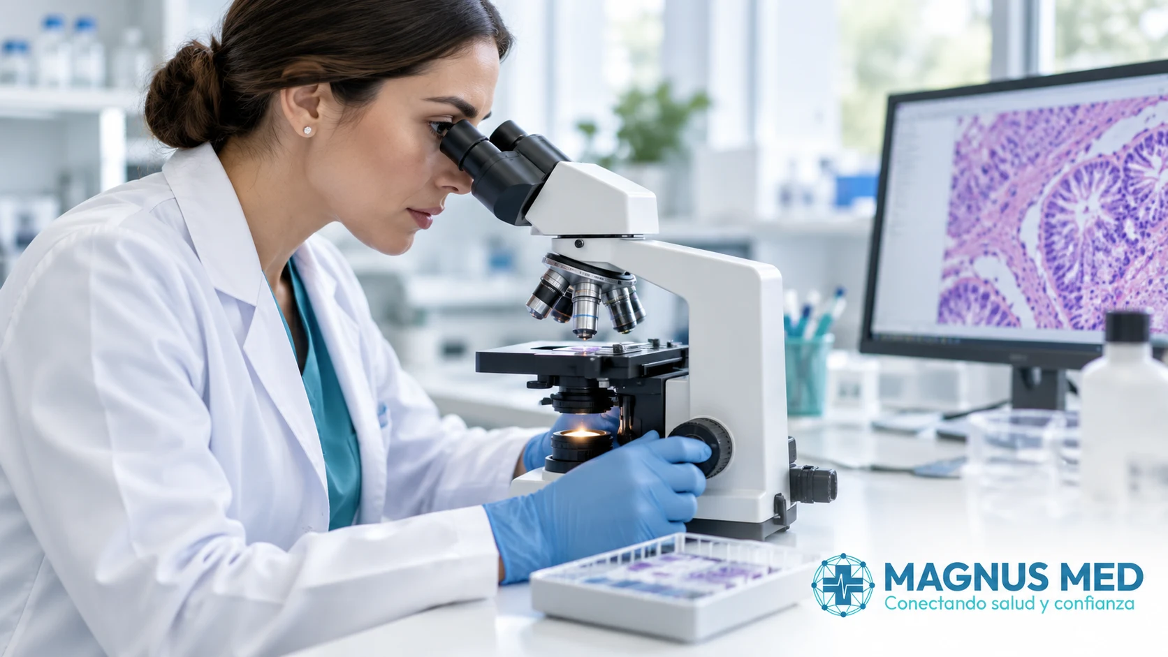 Profesional analiza una muestra al microscopio.