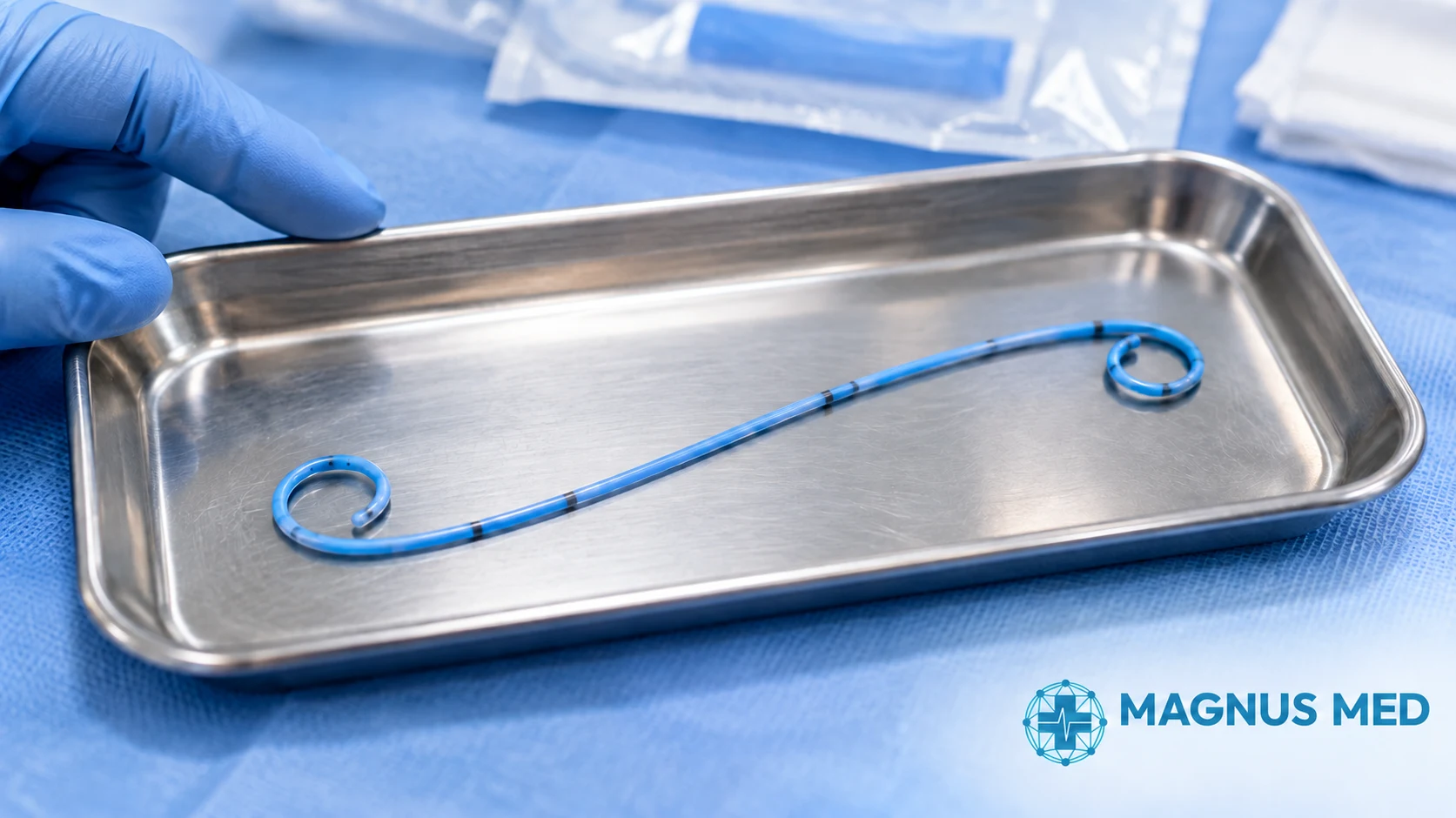 Detalle de un catéter ureteral con los dos extremos curvados