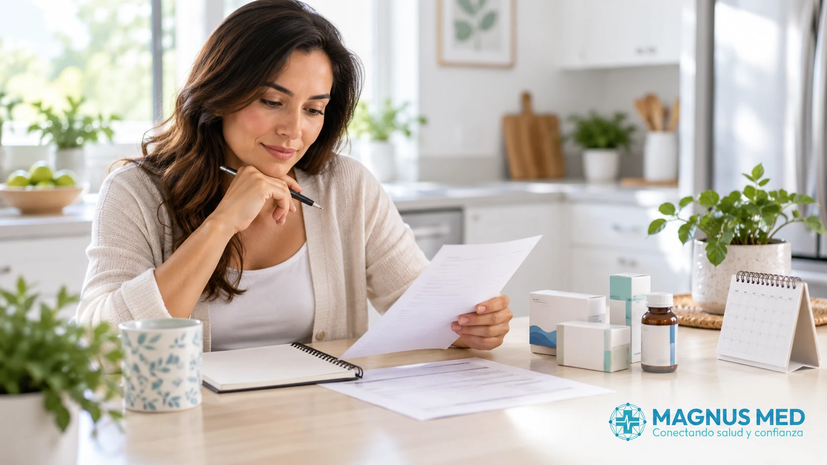 Paciente revisa las instrucciones de preparación y su lista de medicamentos.