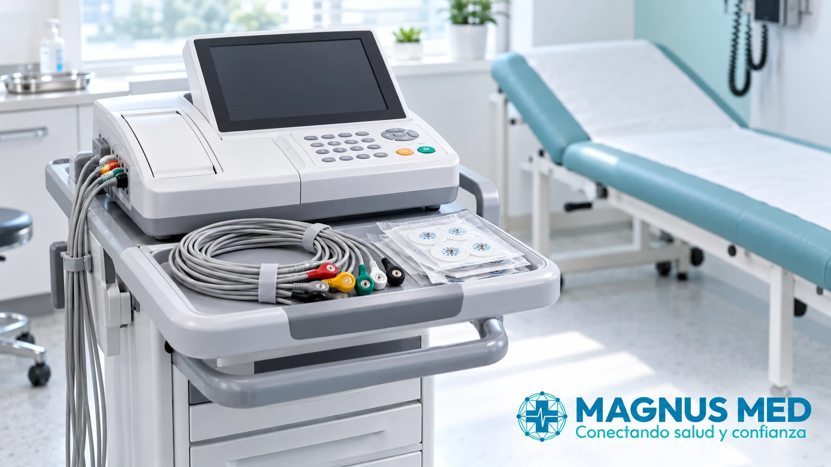 Equipo ilustrativo de electrocardiograma con cables y electrodos.