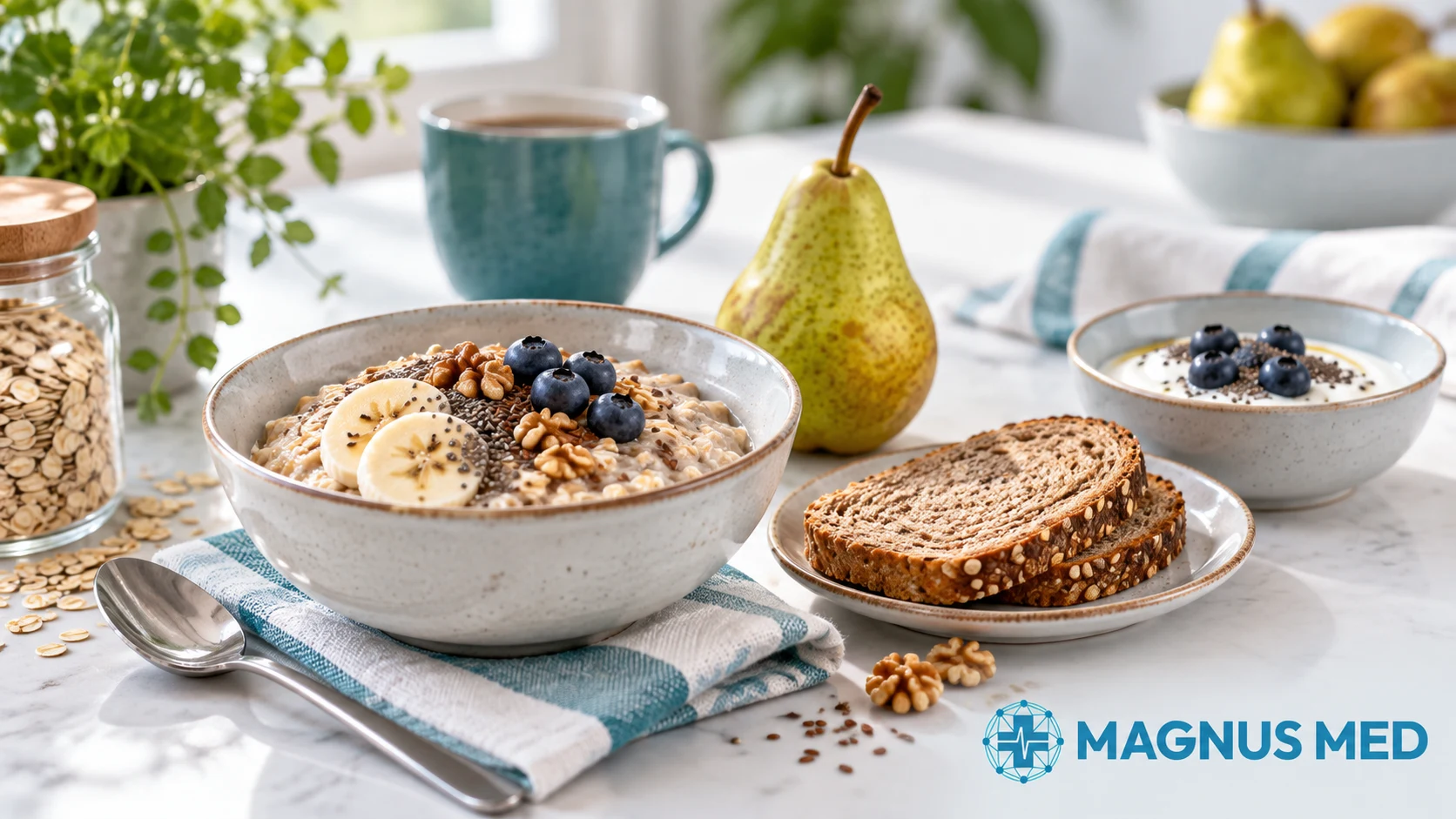 Desayuno equilibrado con fruta, avena y pan integral