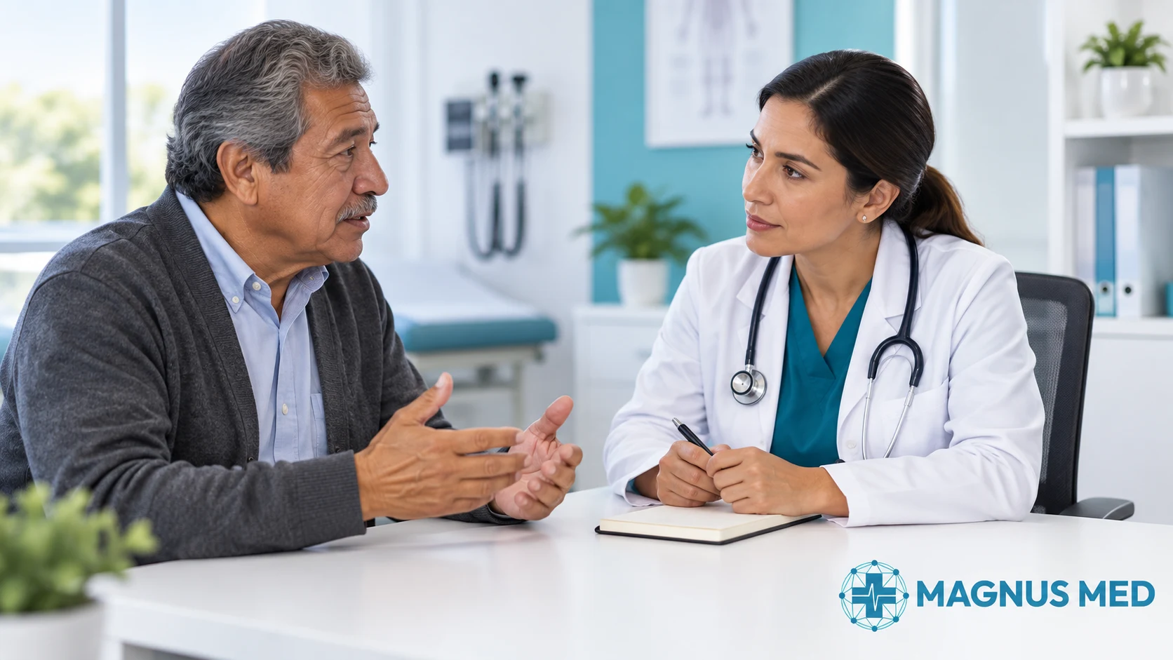 Hombre que conversa con un profesional sanitario sobre sus síntomas