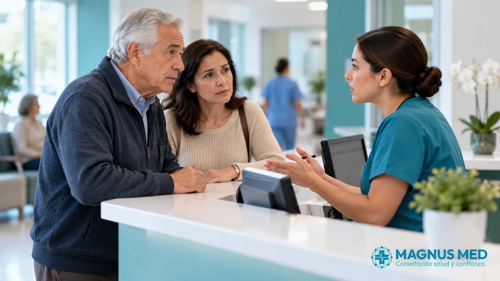 Paciente y acompañante solicitando orientación al equipo de salud