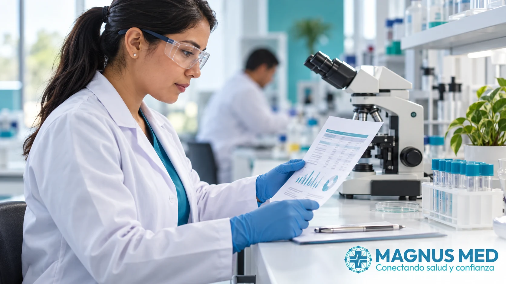Profesional de laboratorio revisa un informe ilustrativo