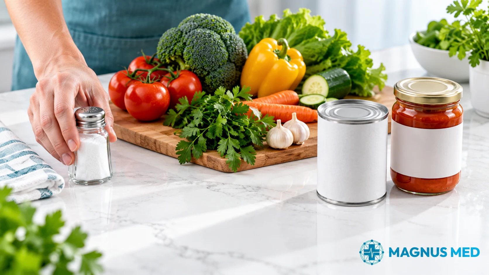 Salero, vegetales y envases de alimentos como ejemplos de fuentes de sodio