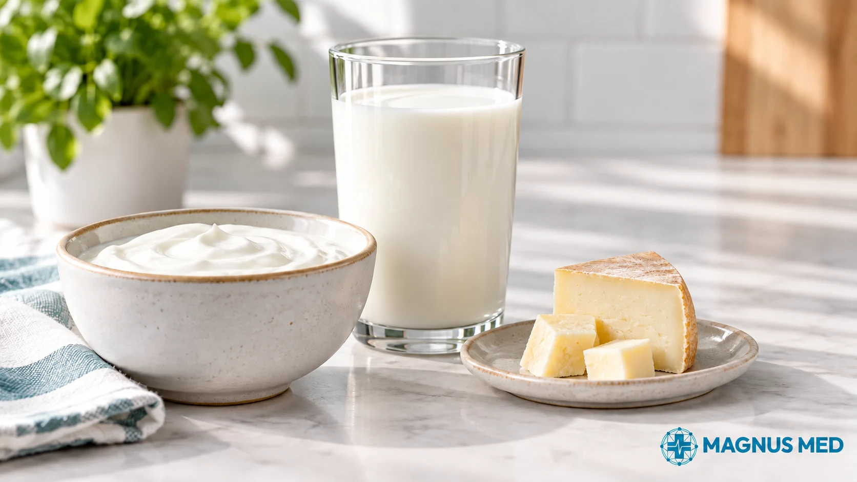 Leche, yogur y queso como ejemplos de alimentos que aportan calcio.
