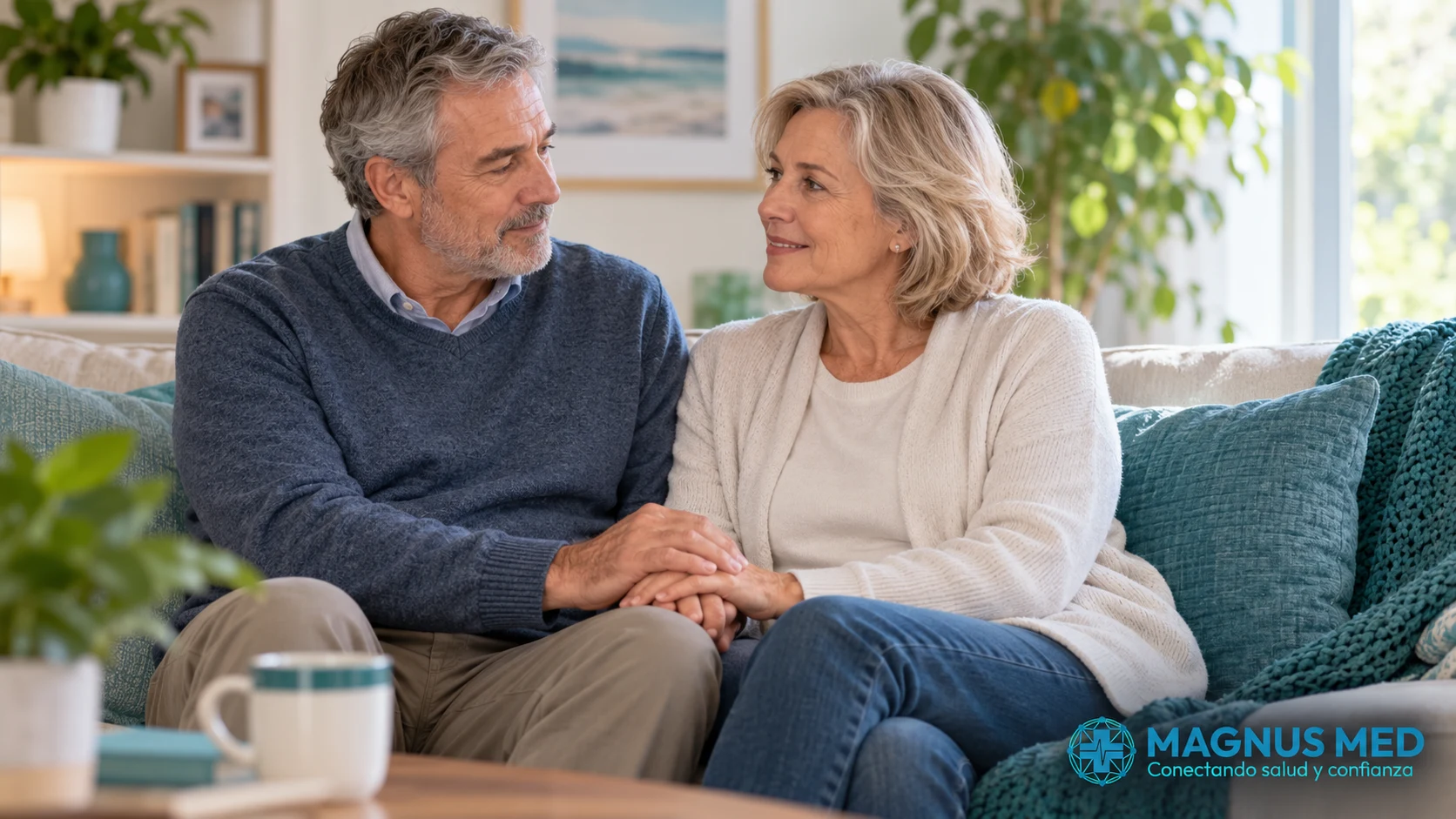 Pareja conversando sobre apoyo y recuperación en casa