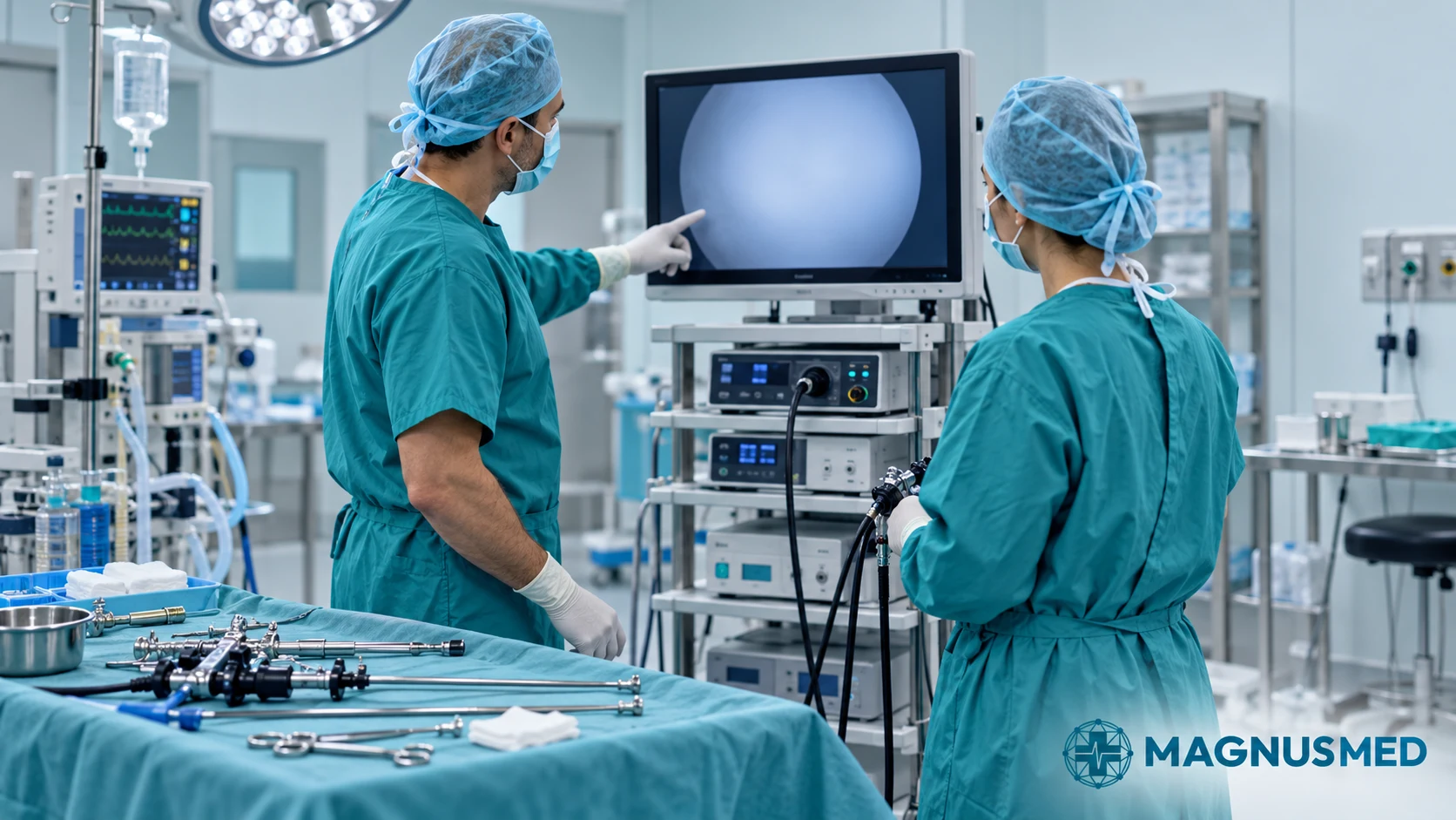 Equipo preparando el material de endoscopia en un quirófano