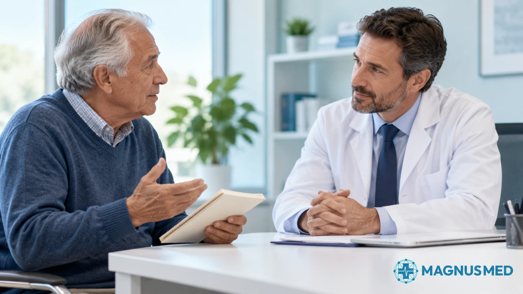 Paciente conversando con el urólogo sobre beneficios y riesgos