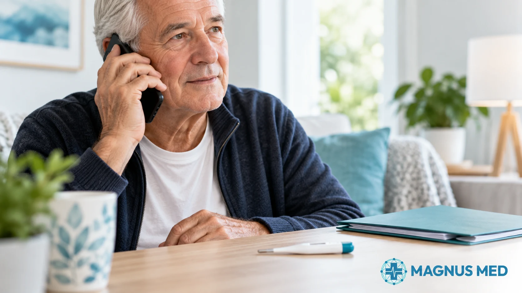 Hombre contactando al equipo de salud por teléfono, con un termómetro sobre la mesa
