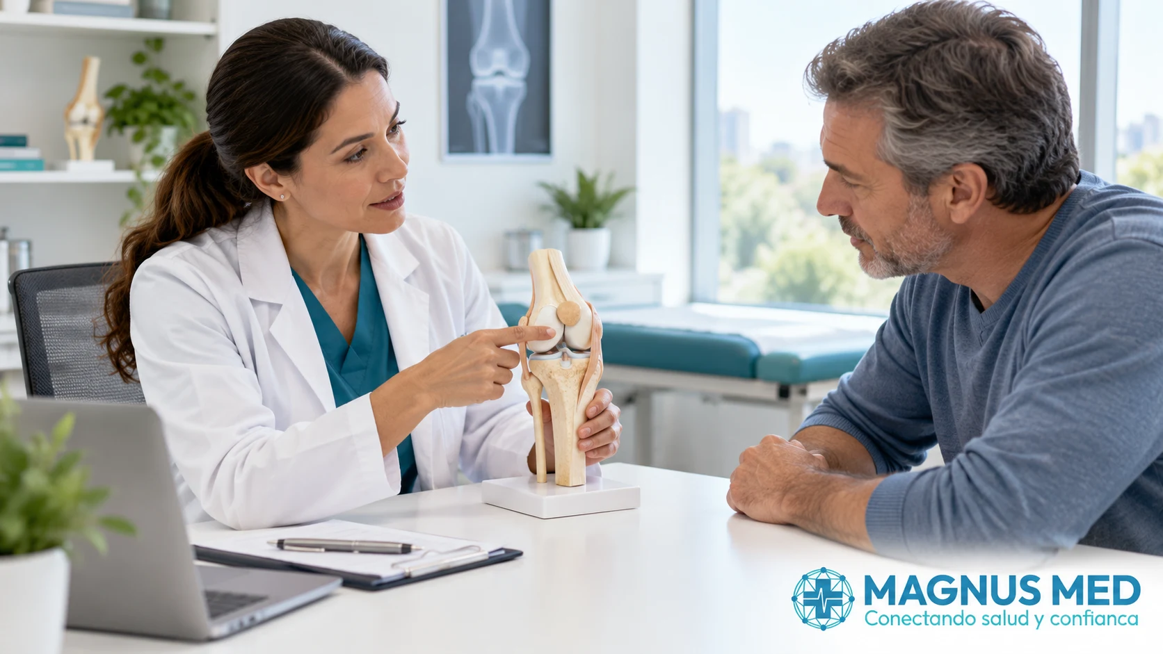 Profesional explica un modelo ilustrativo de rodilla a un paciente.