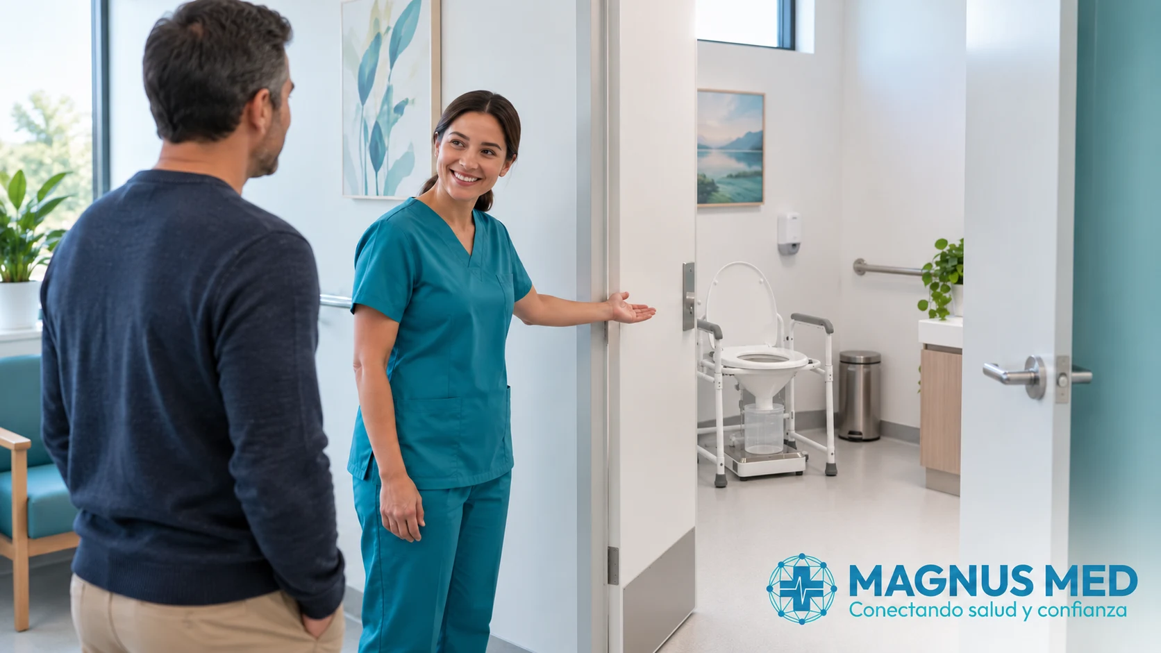 Personal explica el acceso a la sala privada de uroflujometría