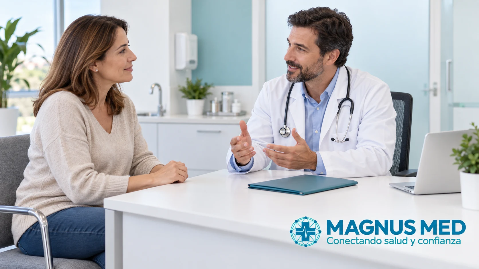 Mujer conversa con un urólogo en una consulta ilustrativa.